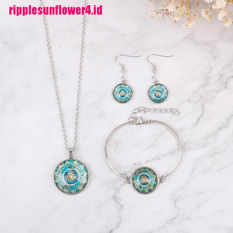 Set Kalung + Anting Gantung + Gelang Tangan Kaca Cabochon Motif Mandala India Untuk Wanita / Yoga