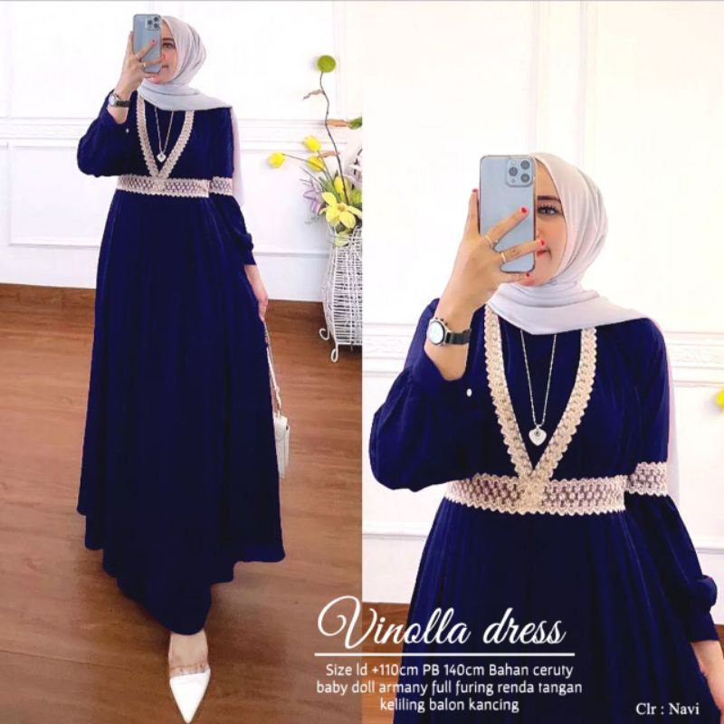 vinola dress bahan ceruty bebydoll ld 110 pj 140 renda dada dan lengan
