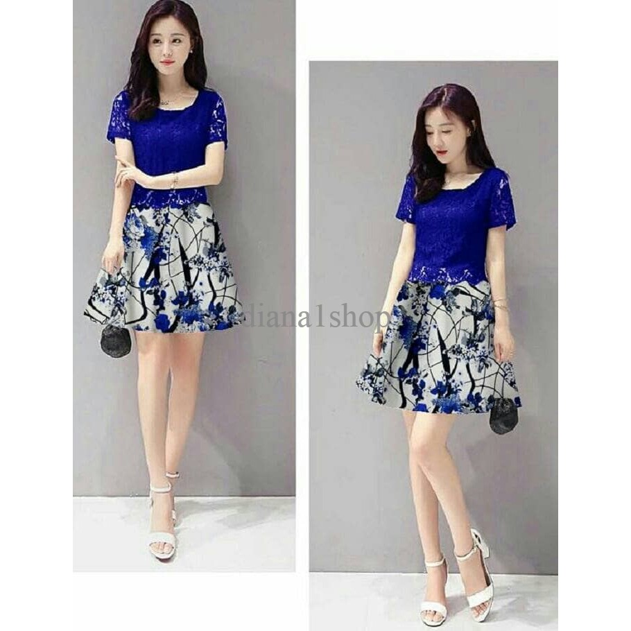dress pendek brukat / mini dress blue brokat flower abstrak party