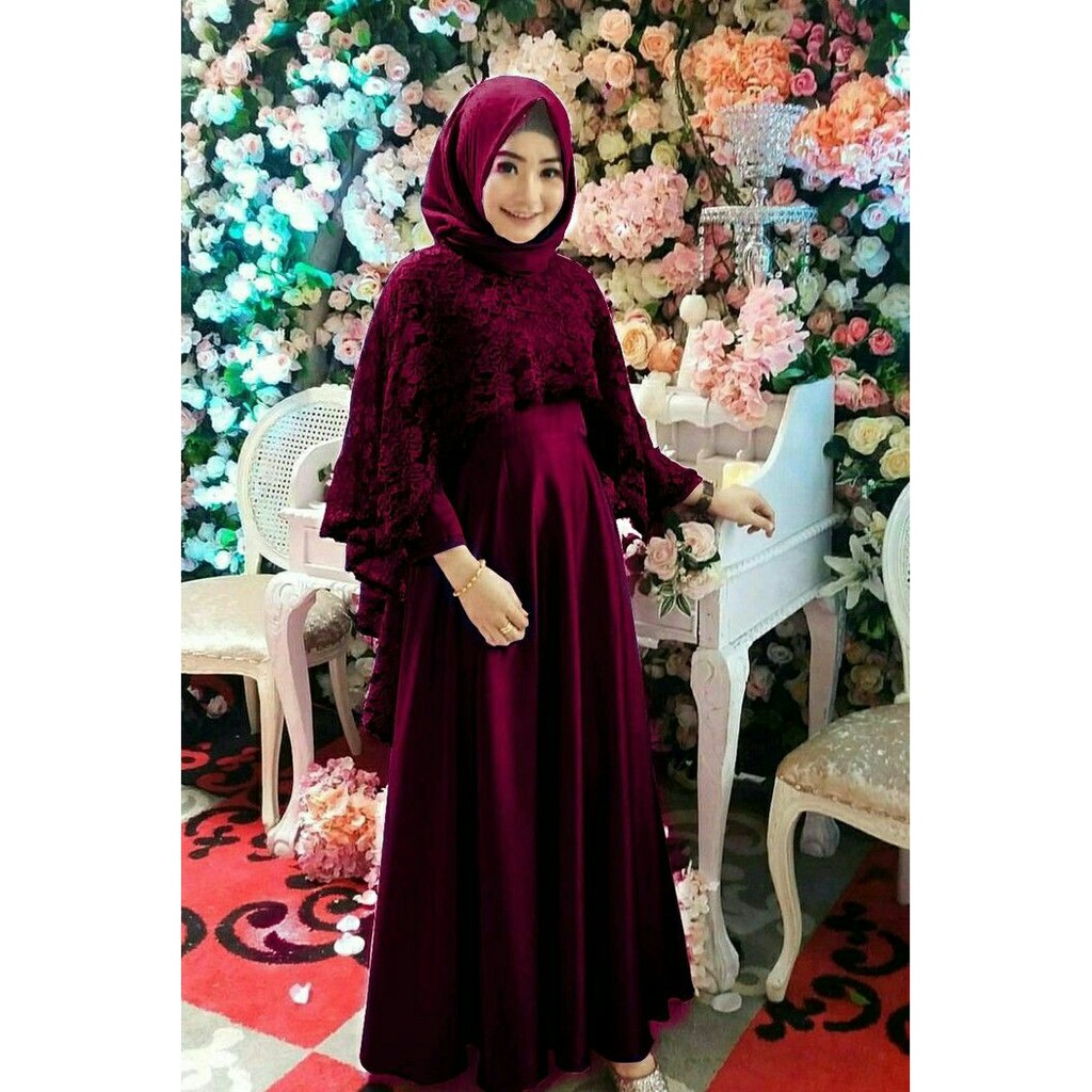gamis maxi dres baju muslim brukat kombi balotely marun
