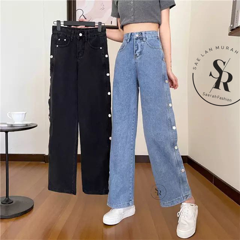 Kulot Jeans Wanita Kancing Samping Penuh-High waist jeans-Outfit wanita kekinian Saerah Fashion