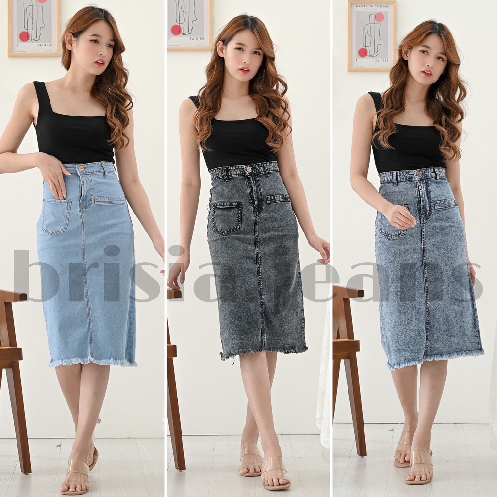 [SIZE 28-33] 3 WARNA - YURA Skirt Jeans 7/8 Rawis Snow Wash Acid / Rok Jeans Bawah Lutut Midi Skirt