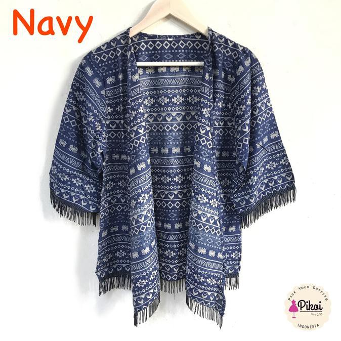 Penawaran Menarik  506 Cardigan Etnik Fringe / Cardi Rumbai Navy / Outer Batik / Outwear