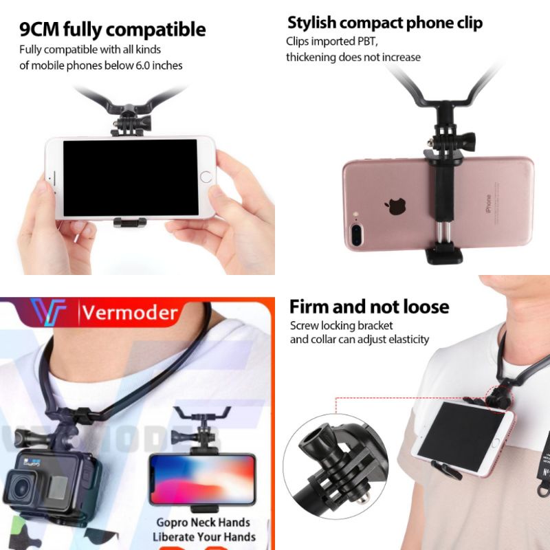 Gopro Neck Hands Free Phone Holder Hitam untuk GoPro Yi Cam Bpro & Smartphone iPhone Samsung Aksesor