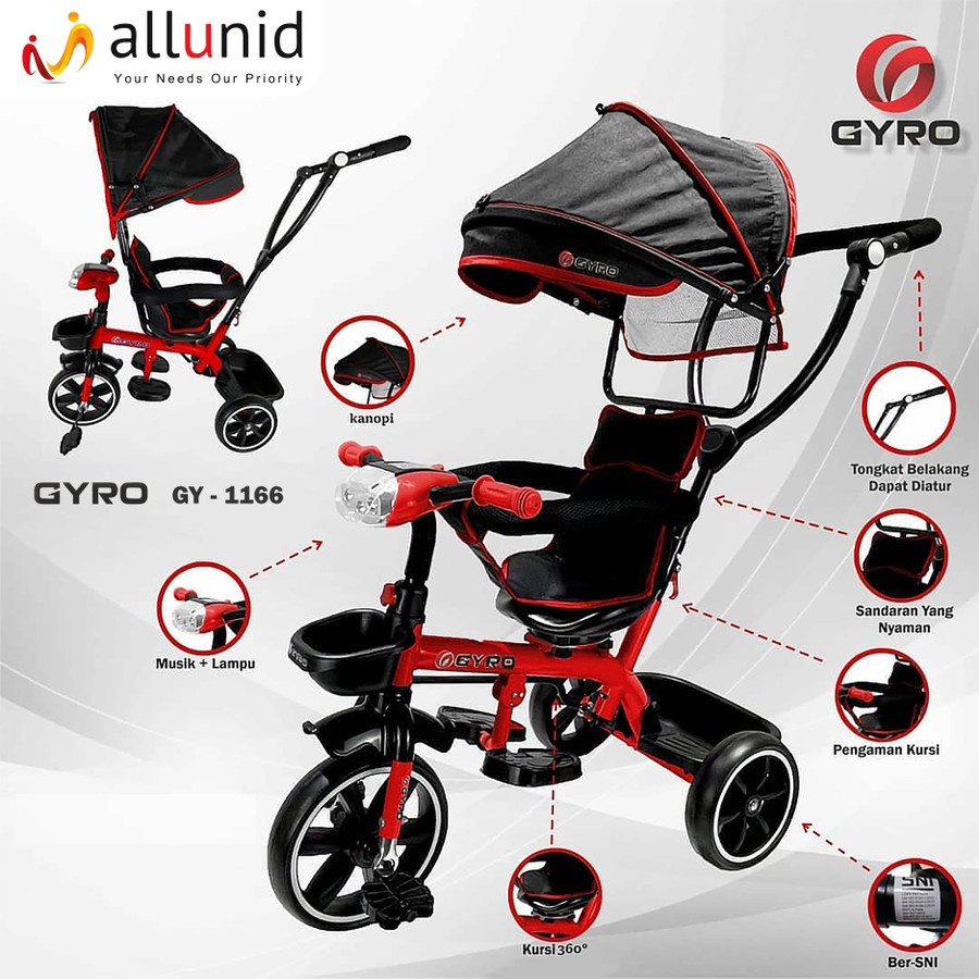 Sepeda Anak Roda Tiga Stroler Anak GYRO 1166 ST GY1166 Stroller Dapat Di Putar Garansi SNI-1