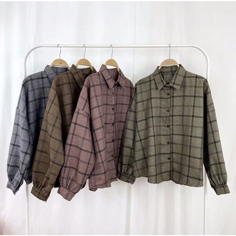 KEMEJA CROP TARTAN | KEMEJA KOTAK - KOTAK MOTIF FLANEL | KEMEJA WANITA OVERSIZE CROP LENGAN PANJANG