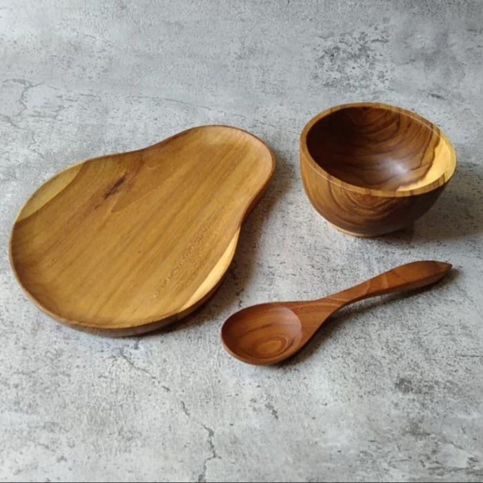 Sundari Peralatan Makan Set Tray + Mangkok + Sendok Makan Bahan Kayu Jati
