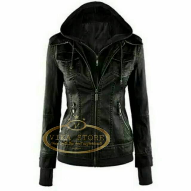 Jaket semi kulit wanita | Jaket semi kulit hoodie wanita