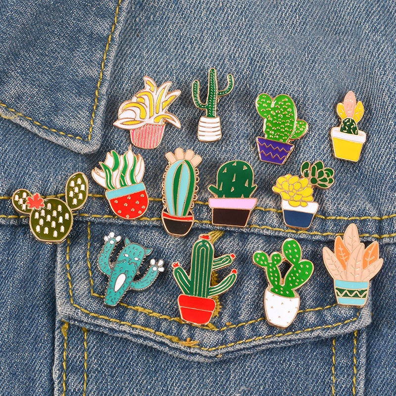 Bros Bentuk Kaktus Warna Hijau Bahan Alloy Untuk Kemeja Denim
