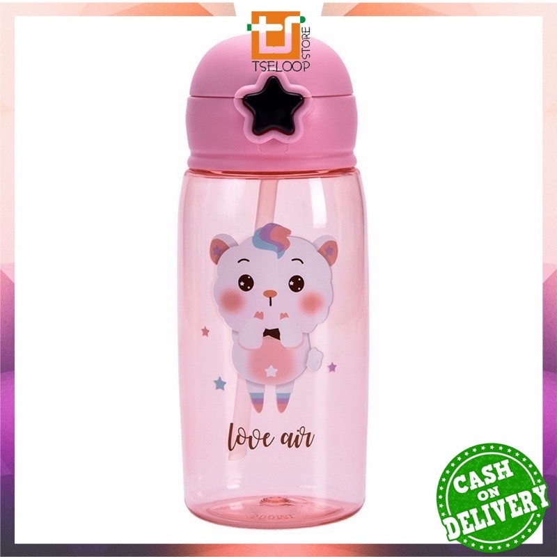 Botol Air Minum 520ML Tombol Bintang / Botol Minum Anak Lucu Motif Karakter Imut dengan Sedotan BPA FREE