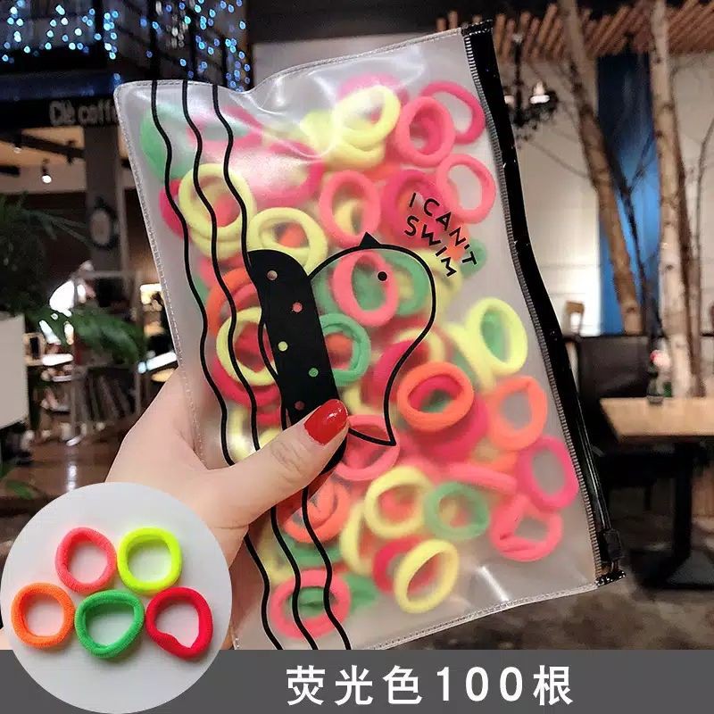 [ COD ] 100Pcs dan 50pcs Ikat Rambut + POUCH Lucu / Ikat Karet Donat Polos Warna Warni-100pcs polos 2