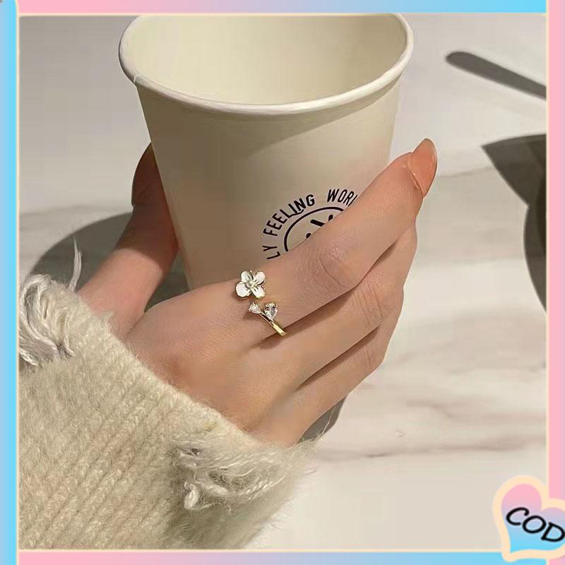 COD❤️ Cincin Bunga Sederhana Lembut Manis Kecantikan Temperamen Cincin Pembuka Glossy-A.one