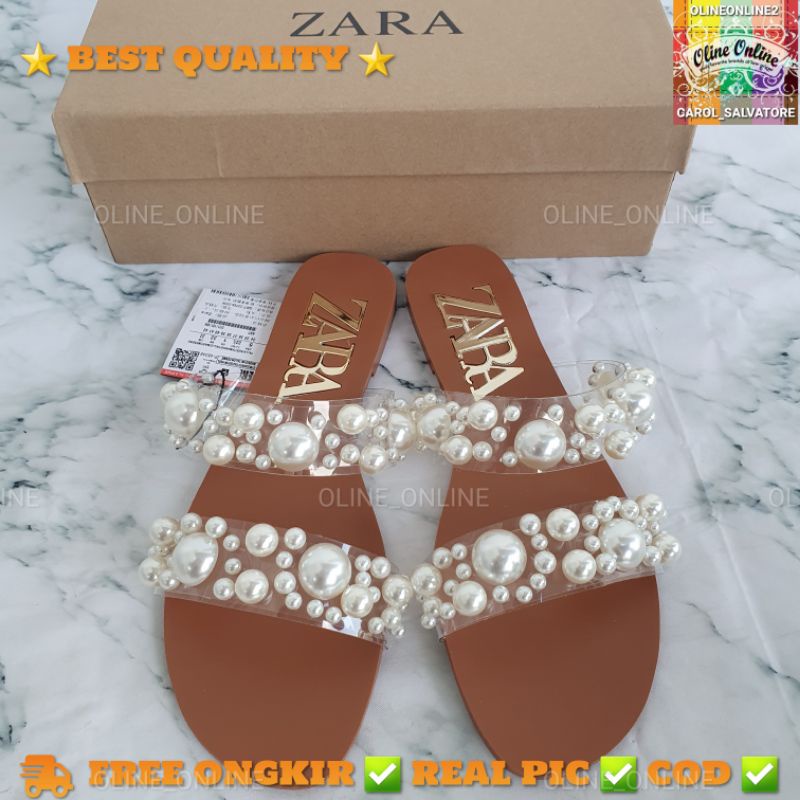 Sandal mutiara shiny pearls tali double dua tali tie transparan flat shoes SLIP on