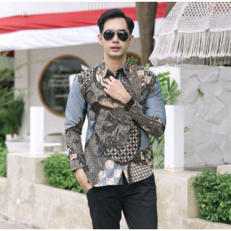 BATIK BOLO DEWO Motif Peksi Langit Hem Atasan Kemeja Baju Batik Pria Lengan Panjang