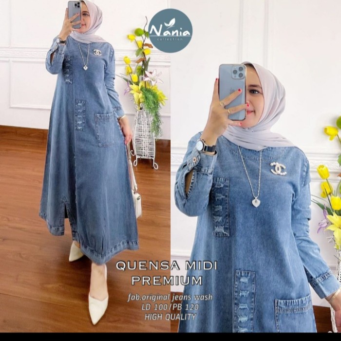 QUENSA MIDI DRESS WANITA ORIGINAL JEANS WASH LD 100CM