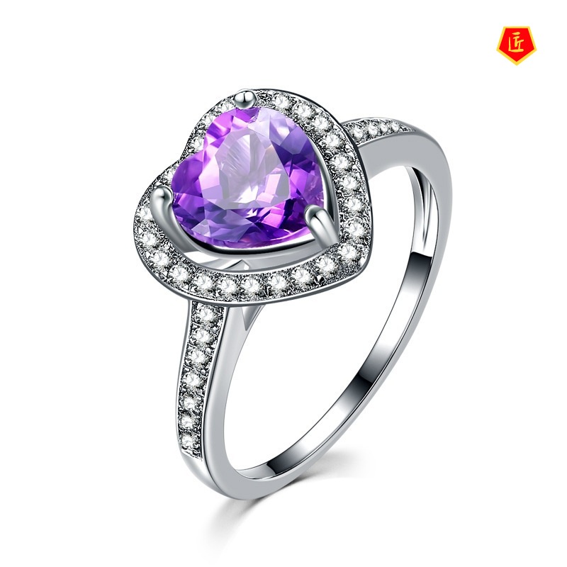 [Ready Stock]Heart-Shaped Amethyst Ring Female Fashion Elegant