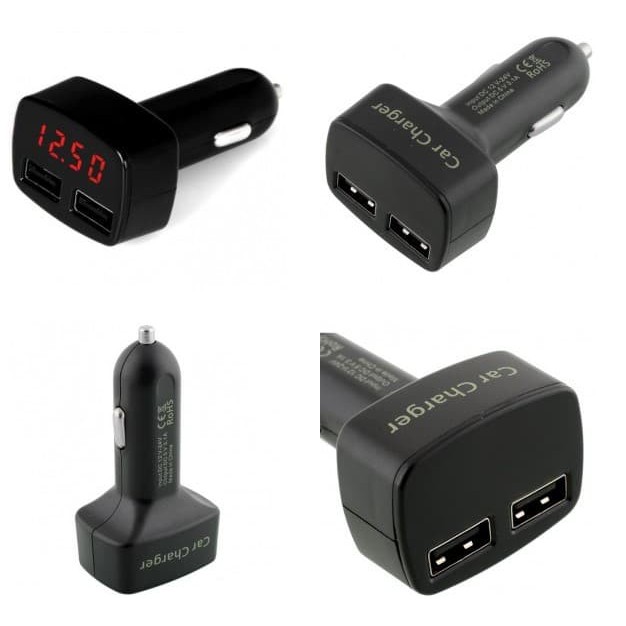 Dual USB Car Charger Mobil 4 in 1 Biru Voltmeter, Ampere, Temperature