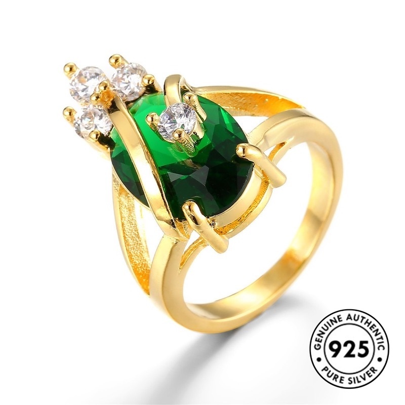 Cincin Sterling Silver 925 Dengan Batu Emerald Mewah Untuk Wanita