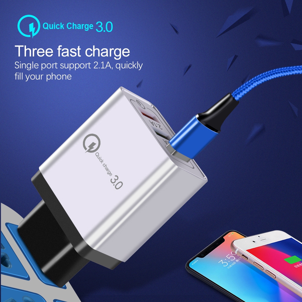 Fast Charger 3 Port QC3.0 Mobile Phone Adaptor 12V EU / US Plug Wall USB Kepala Charger for Mobile Phone