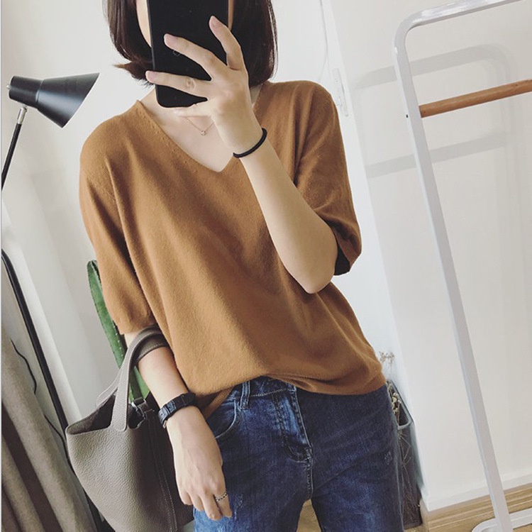 #Sisjuly# T-shirt pullover longgar longgar V-neck all-match versi Korea baru wanita warna solid keme