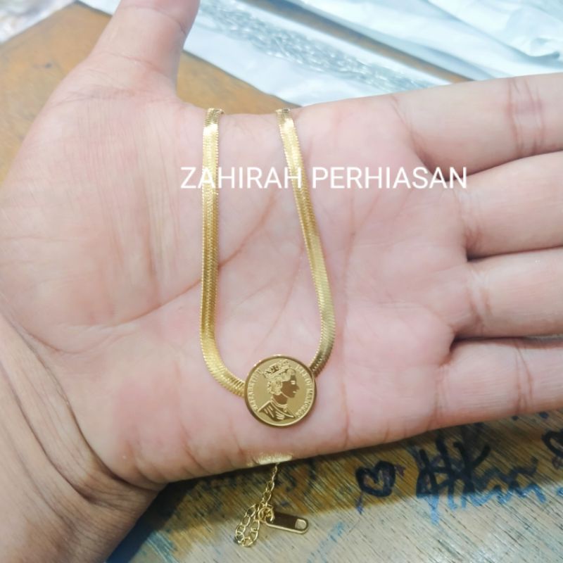 KALUNG WANITA TITANIUN LIONTIN COIN ELIZA BEAT ASLI TIDAK LUNTUR