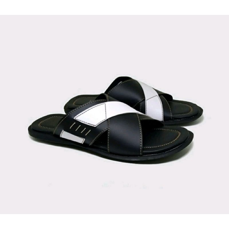 Sandal Big Size Pria 44-45-46-47-48 Sendal Kulit Slide Ukuran Besar Hitam Putih / Sandak JUMBO Pria Luar Negri