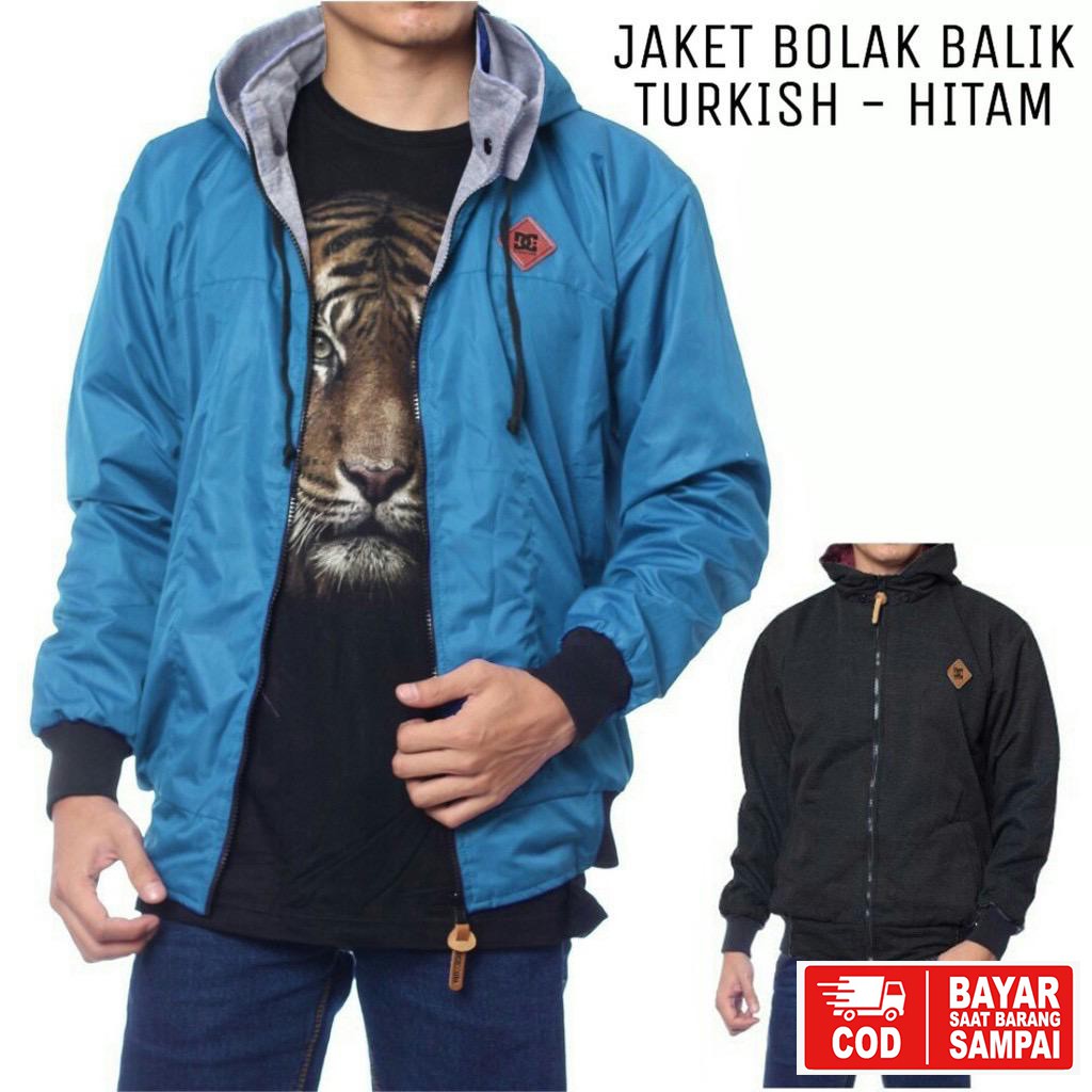 JAKET DC BOLAK BALIK / JAKET MOTOR / JAKET PARASUT HITAM-ABU-TURKISH-HITAM