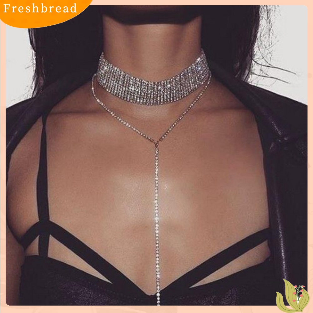 Fresh| Kalung Choker Rantai Banyak Lapis Dengan Liontin Berlian Imitasi Untuk Wanita