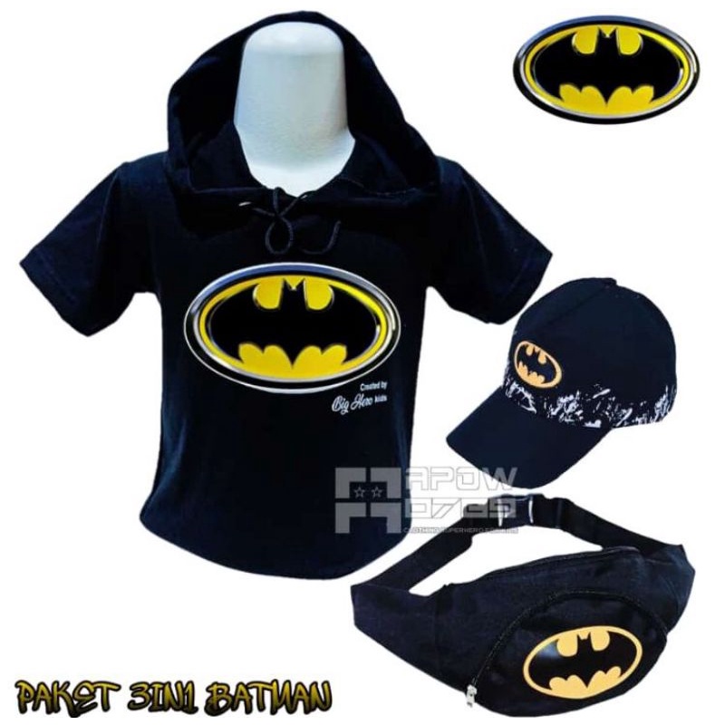 Baju kaos anak batman 3set tas selempang anak topi anak