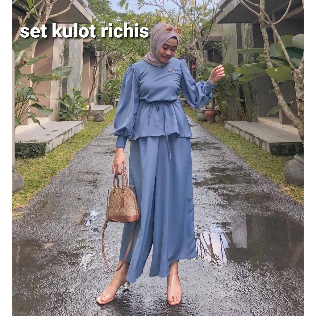 ELVA 12 - SET KULOT RICHIS BAJU MUSLIM STELAN WANITA + CELANA KULOT BAHAN MOSCREPE ADA TALI OBI NEMP