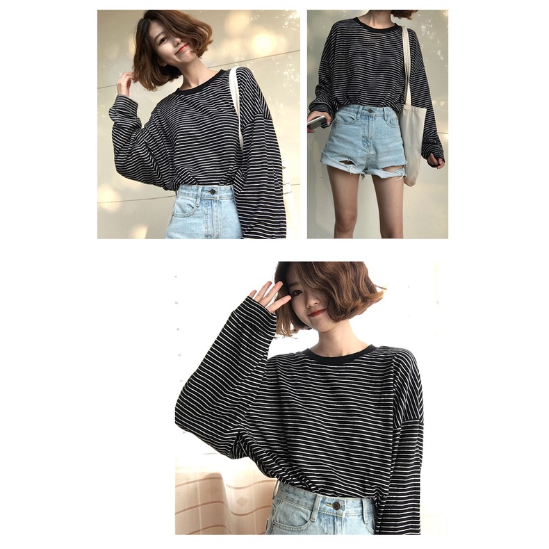 KBS-124 kaos lengan panjang black strip fashion wanita import korea jepang