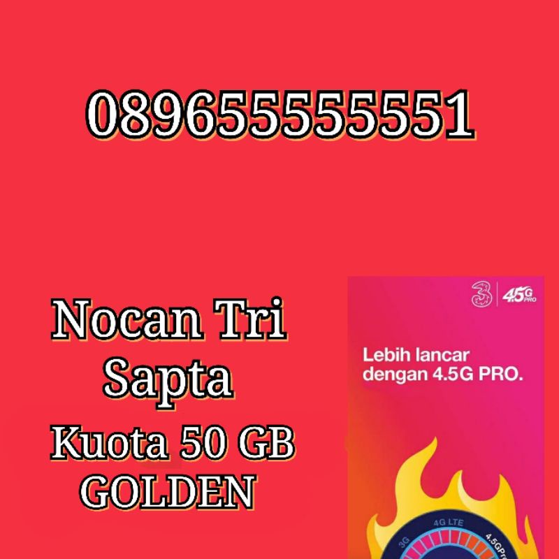 NOCAN Nomor Cantik Sapta 5 Kartu Perdana Simcard Tri Three 3 4G LTE Kuota 50 GB Golden