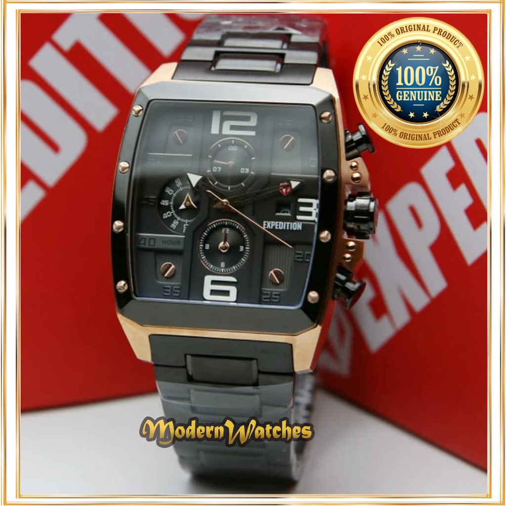 Jam Tangan Expedition Original Pria E 6636 / 6618 Hitam Rosegold Black Kotak Persegi Sporty Terbaru 