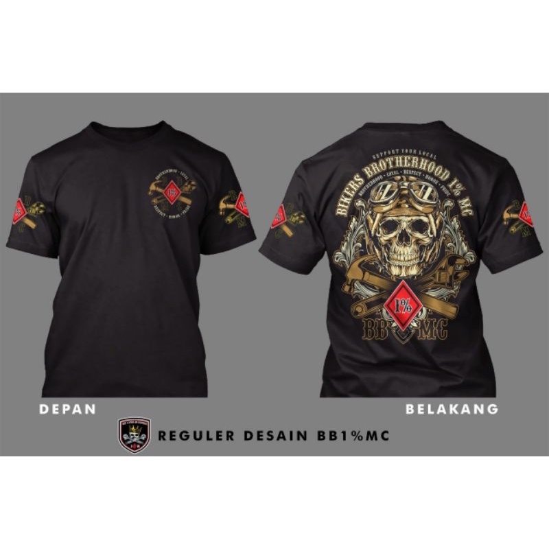 Kaos Bikers Brotherhood 1% MC 100% Original Hitam 1% Skull