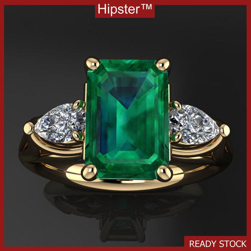 Baru 18K Emas Berlapis Green Square Crystal Cincin