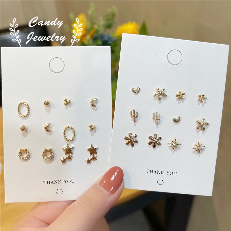 Candy Jewelry 6 Pair/sets Fashion Stud Earrings Gold Plated Geometric Earring Flower Heart Round Ear Studs for Women