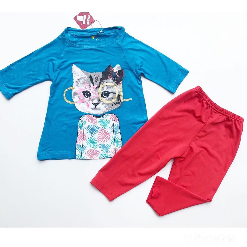 LAST STOCK Funky Cat Pyjamas Baju Setelan Piyama  Pergi Lucu Fashion Anak Bayi Perempuan Cewek Terbaru Termurah