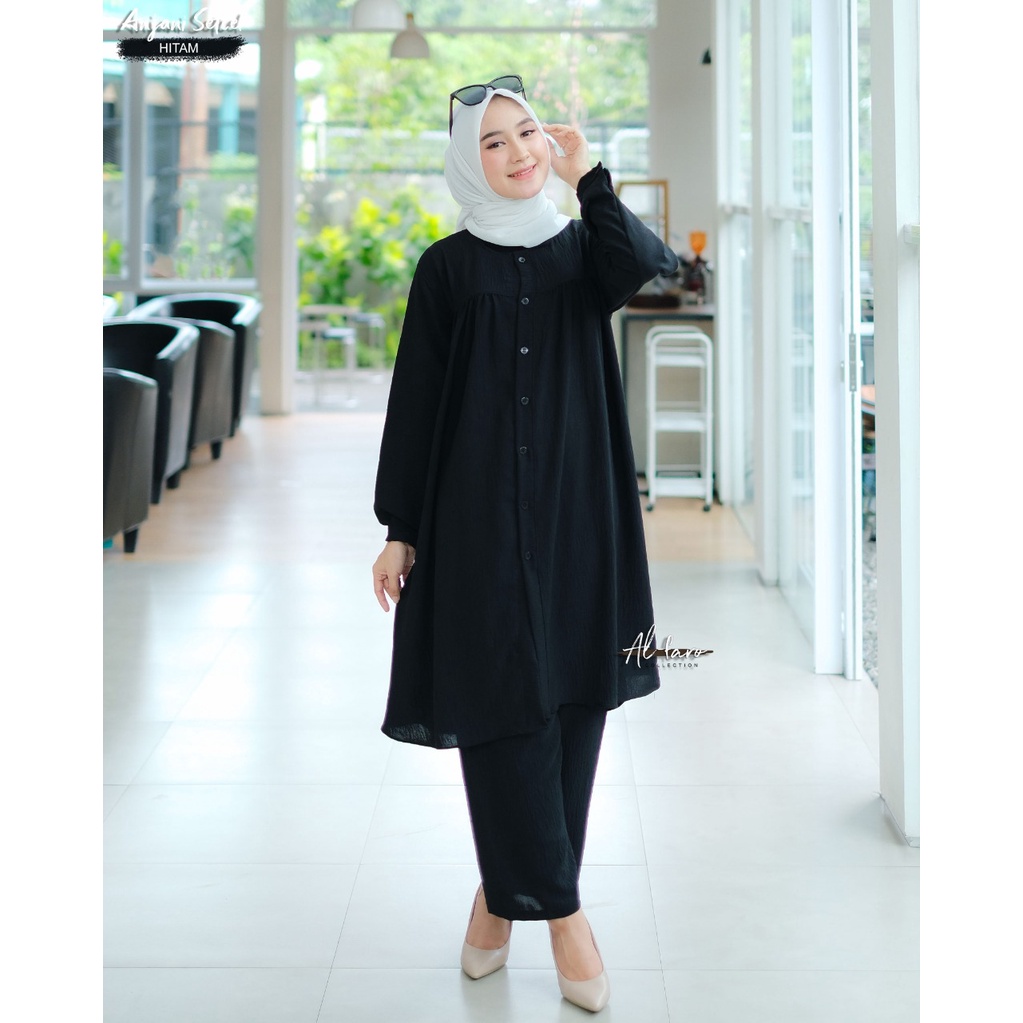 Setelan celana one set ANJANI RISA original by AL FARO atasan celana crinckle terbaru casual shabby limitted setelan wanita busui bumil tunik long kancing kemeja kerja muslim ootd fashion lylac denim army