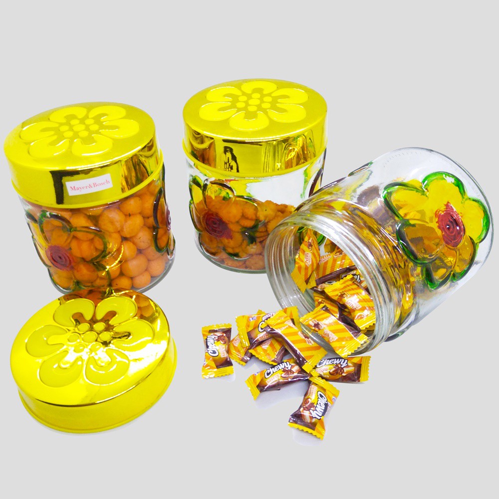 Toples Kaca lebaran untuk kue kering dan permen Set isi 3 pcs in one stand class Canister / TOPLES KACA + RAK