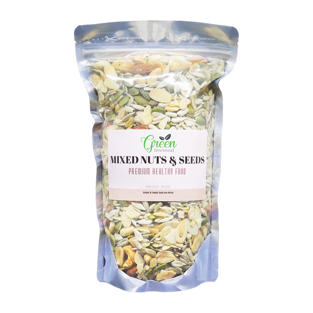 

TRAIL MIX GREEN ROSEWOOD 500GR/MIXED NUT ORGANIC 500 GR/roasted mixed nut premium 500 GRAM/trail mix cemilan sehat (Pumpkin seed panggang,kacang kupas panggang,mete panggang,almond slice panggang,almond panggang)