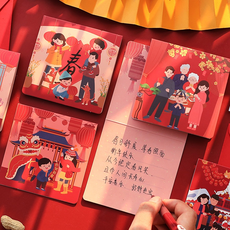 6pcs Kartu Ucapan Selamat Tahun Baru Retro Merah Dengan Amplop Liburan Gaya Cina Wishes Card