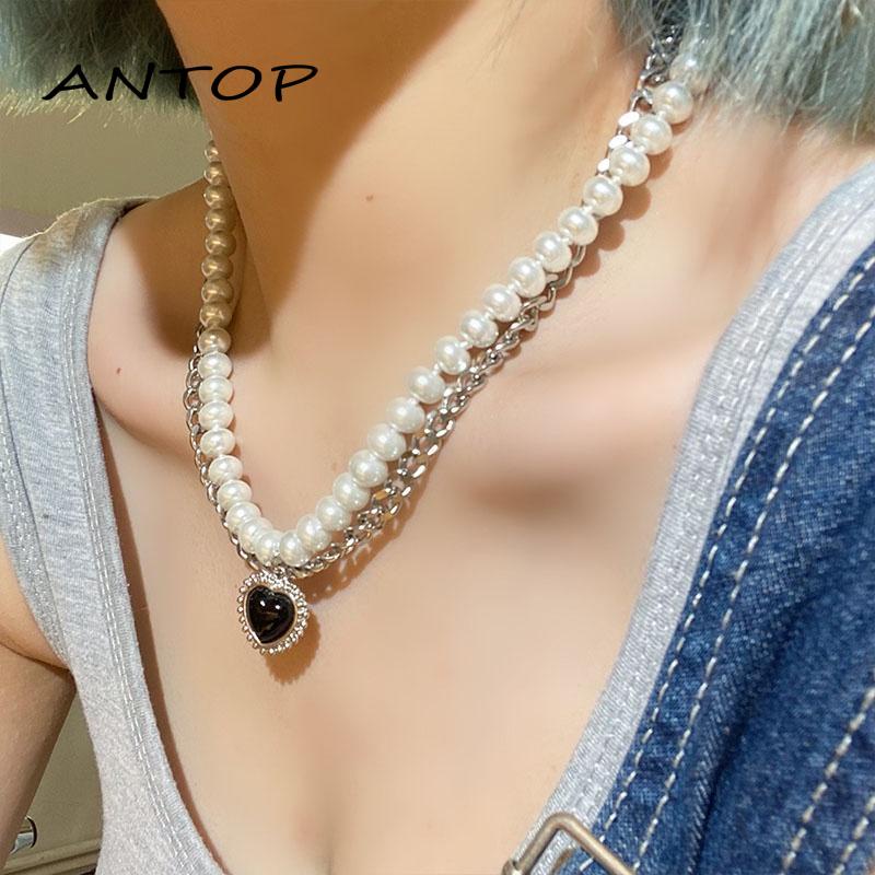 Kalung Rantai Klavikula Model Double Layer Aksen Mutiara Warna Hitam Gaya Retro Hip-Hop Untuk Wanita