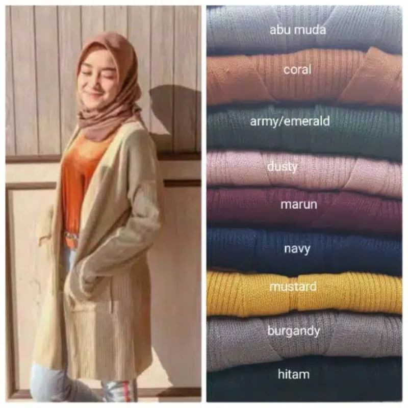 Cardigan panjang rajut dua saku all size