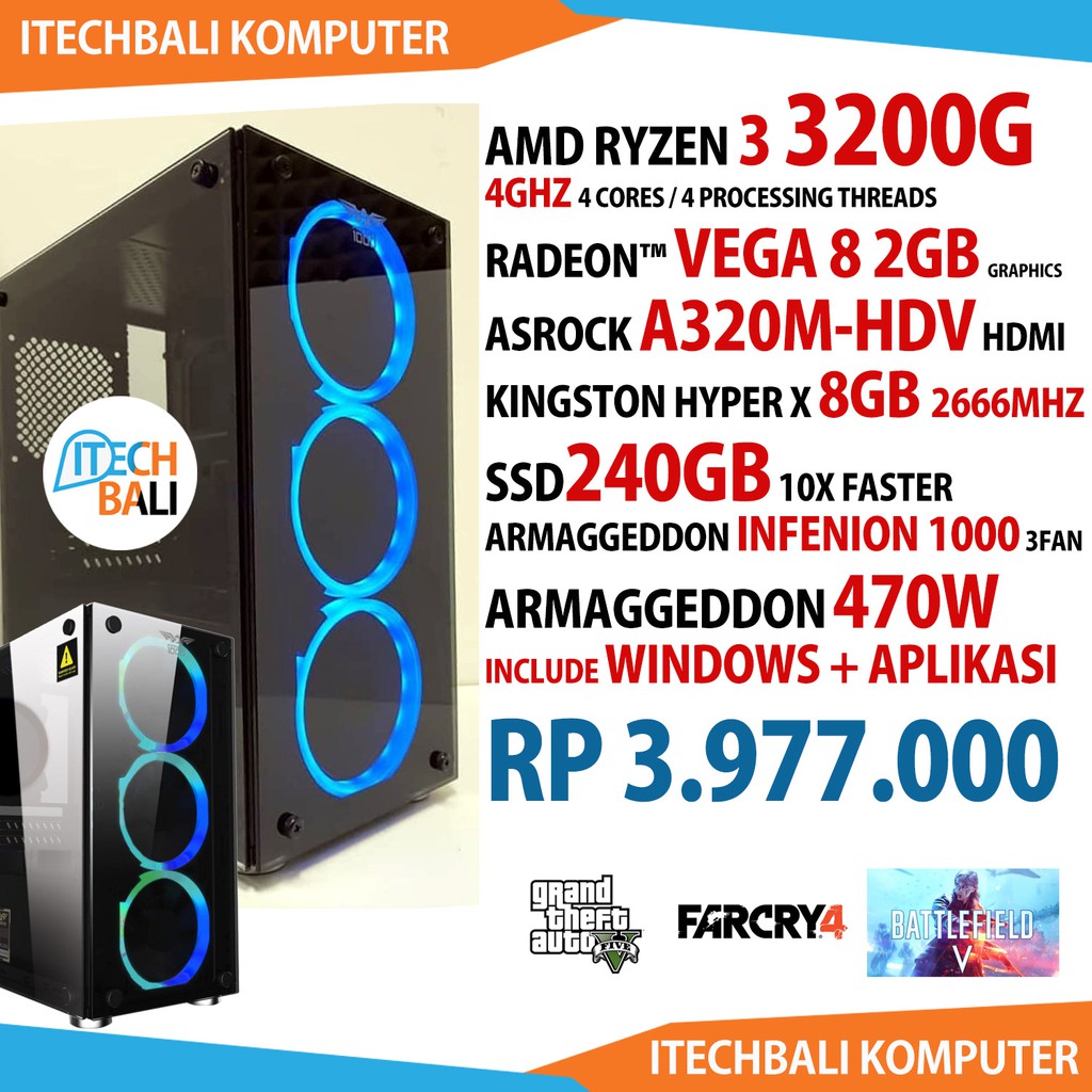 PC GAMING AMD RYZEN 3 3200G + VEGA 8 2GB + 8GB + 240GB Garansi Resmi Free GTA 5