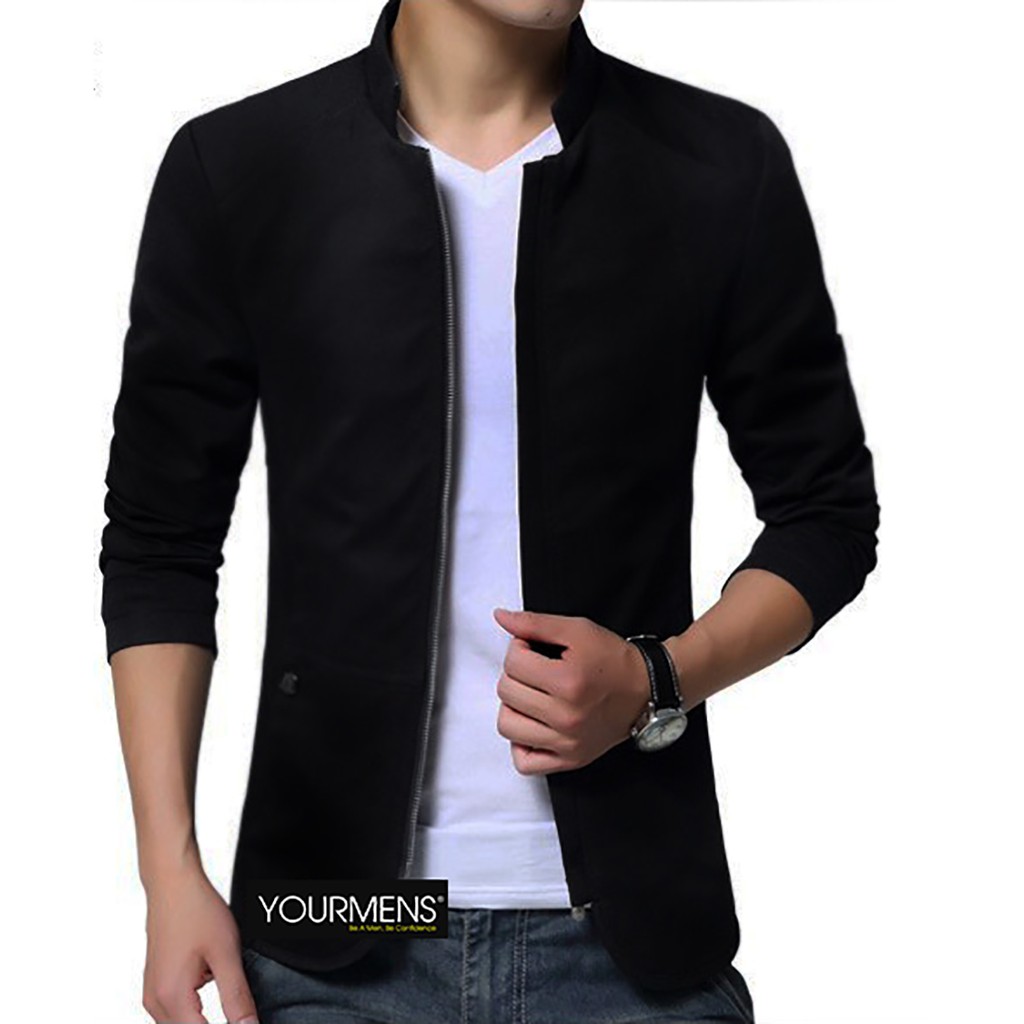 BLAZER PRIA MODEL SLIMFIT KOREA STYLE PAKAI RESLETING ZIPPER BLACK WARNA HITAM