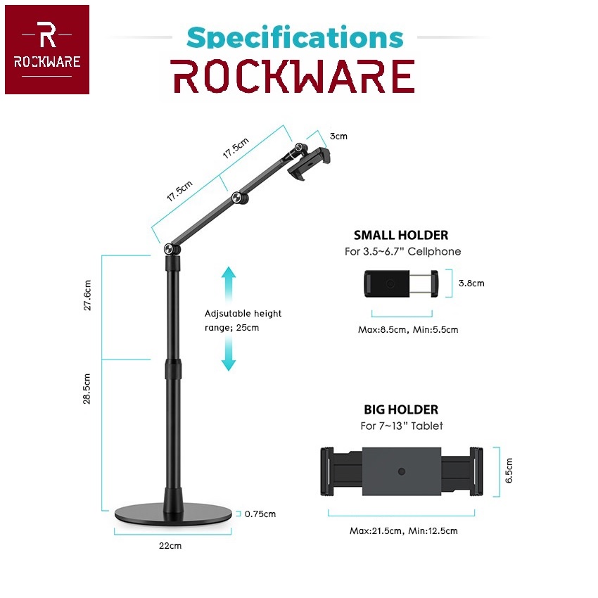 ROCKWARE LP-4P - Premium Desktop Selfie Phone and Tablet Live Stand