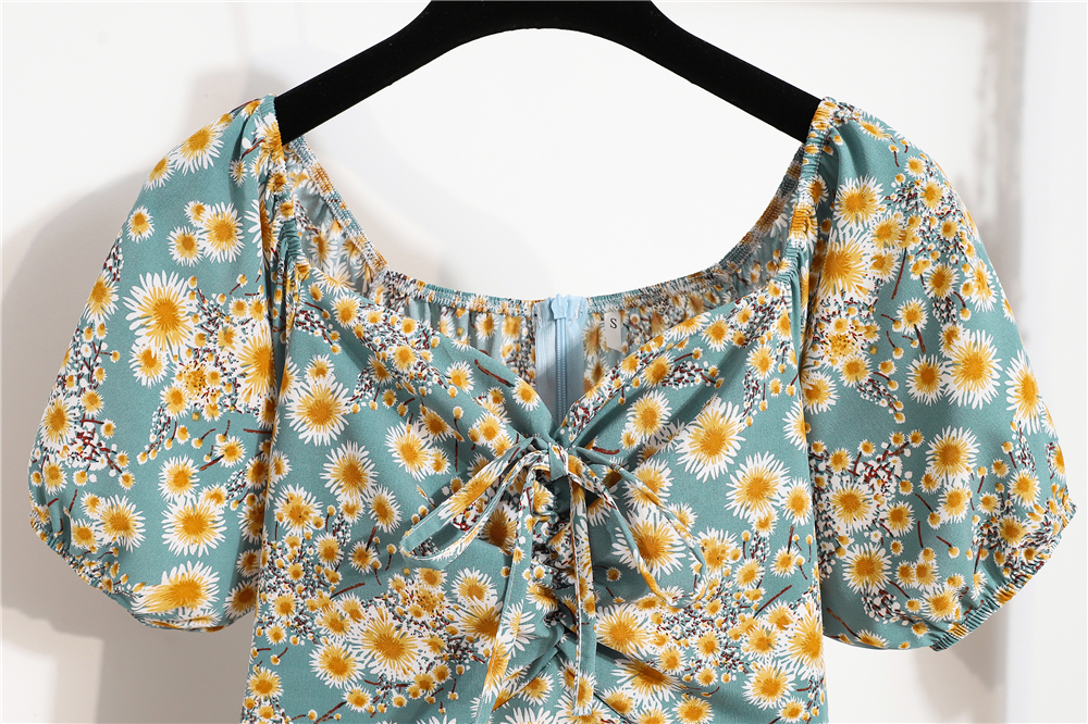 Dress V-Neck Lengan Pendek Motif Bunga Daisy Gaya Korea Untuk Wanita