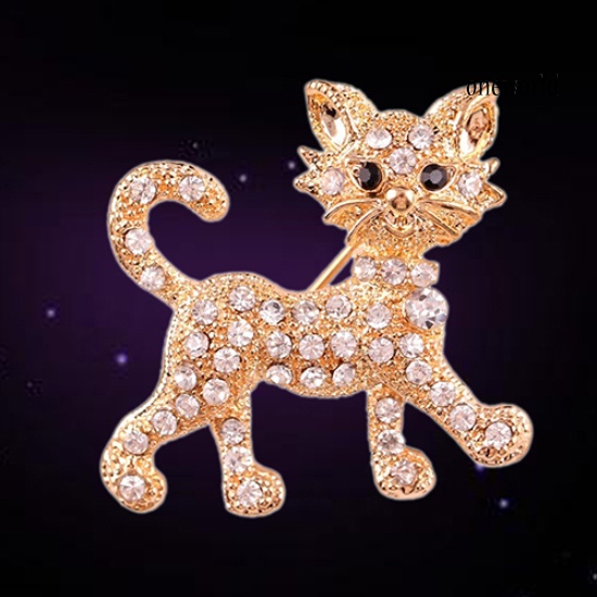 OW@ Women's Fashion Shining Rhinestone Brooch Cool Cat Pattern Decor Jewelry Gift