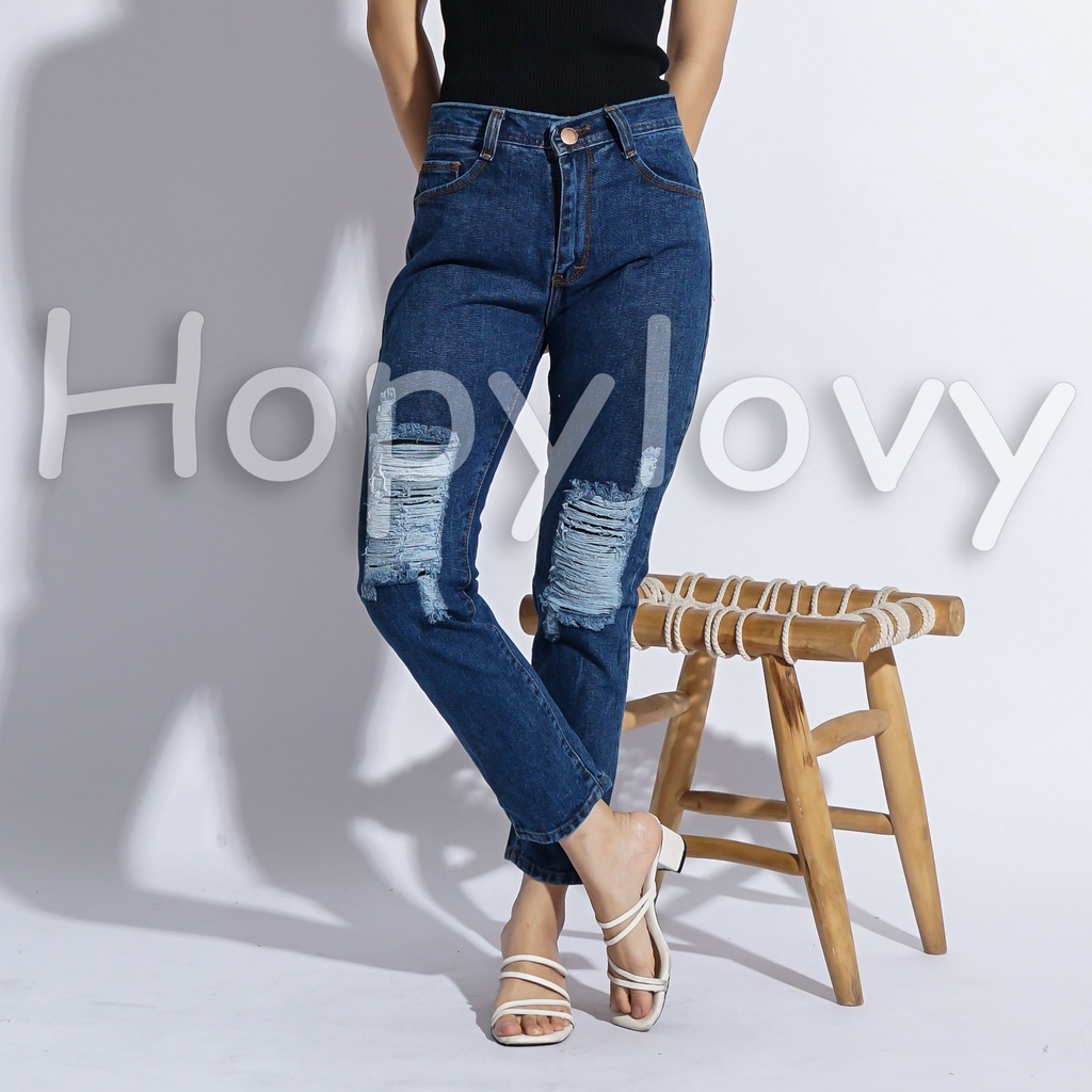 HOPYLOVY Celana Boyfriend Jeans Wanita Sobek Ripped Furing Gianna