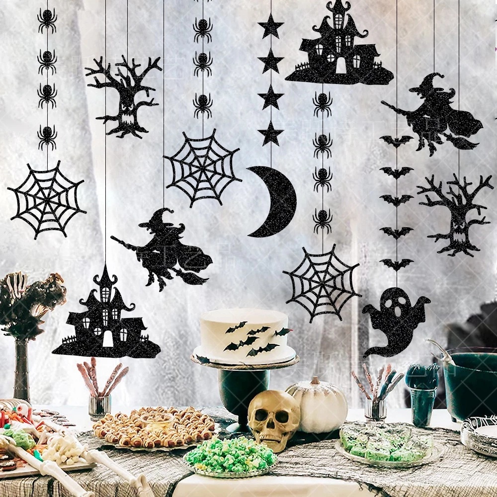 6 Pcs Banner Gantung Motif Laba-Laba Dan Kelelawar Untuk Dekorasi Pesta Halloween